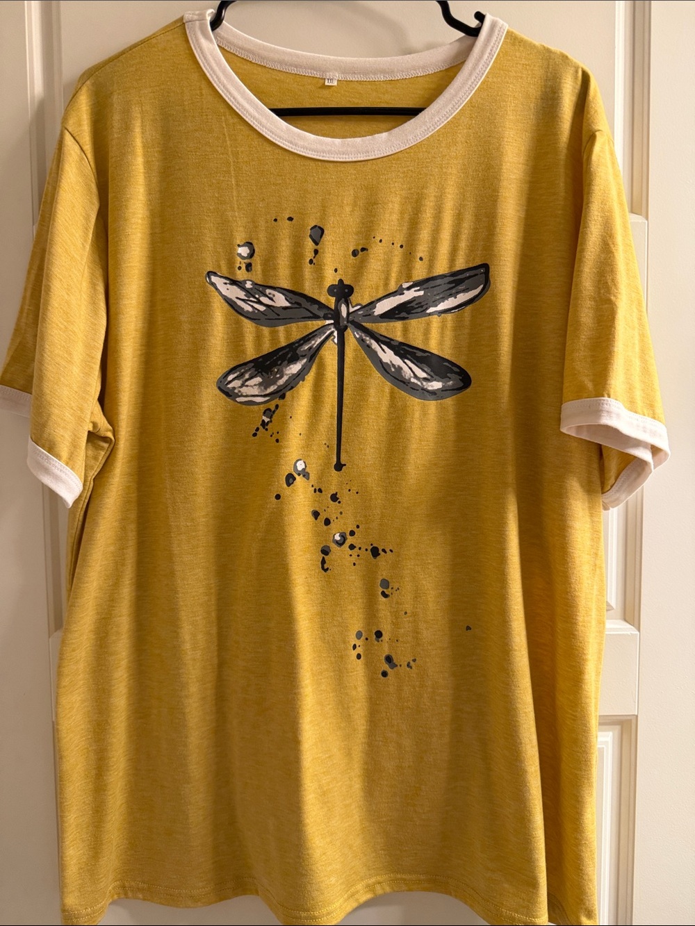 Dragonfly Graphic Ringer Tee - Mustard Yellow with White Trim